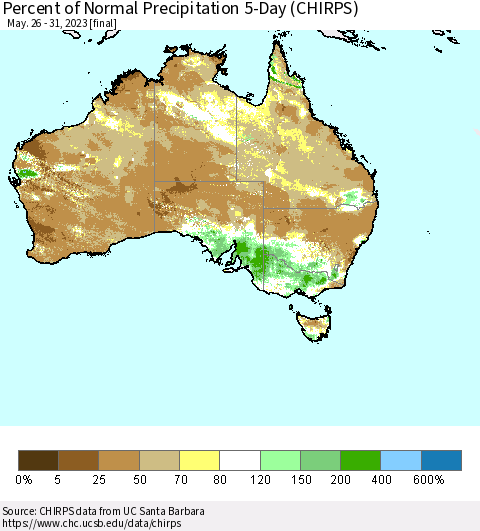 Australia Percent of Normal Precipitation 5-Day (CHIRPS) Thematic Map For 5/26/2023 - 5/31/2023