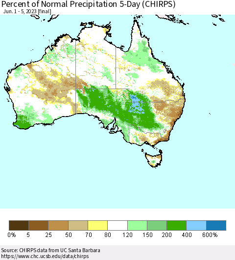 Australia Percent of Normal Precipitation 5-Day (CHIRPS) Thematic Map For 6/1/2023 - 6/5/2023