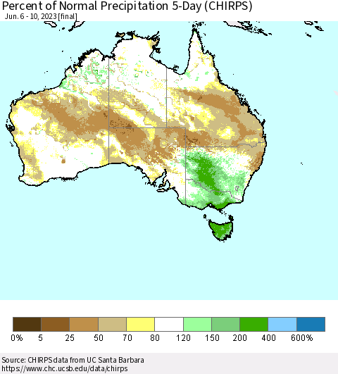 Australia Percent of Normal Precipitation 5-Day (CHIRPS) Thematic Map For 6/6/2023 - 6/10/2023