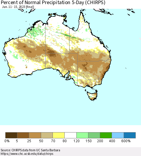 Australia Percent of Normal Precipitation 5-Day (CHIRPS) Thematic Map For 6/11/2023 - 6/15/2023