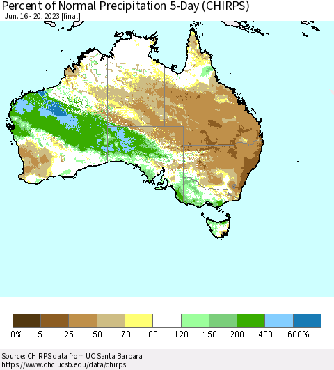 Australia Percent of Normal Precipitation 5-Day (CHIRPS) Thematic Map For 6/16/2023 - 6/20/2023