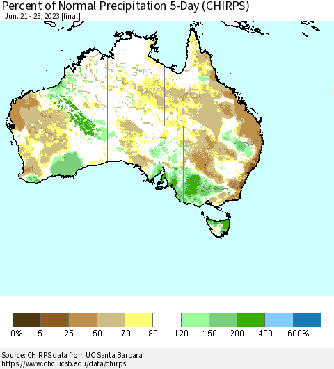 Australia Percent of Normal Precipitation 5-Day (CHIRPS) Thematic Map For 6/21/2023 - 6/25/2023