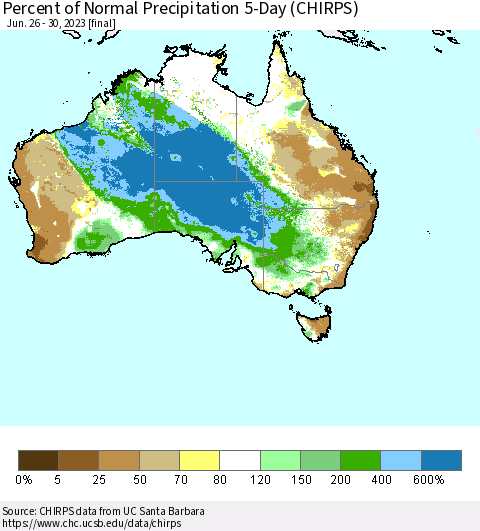 Australia Percent of Normal Precipitation 5-Day (CHIRPS) Thematic Map For 6/26/2023 - 6/30/2023