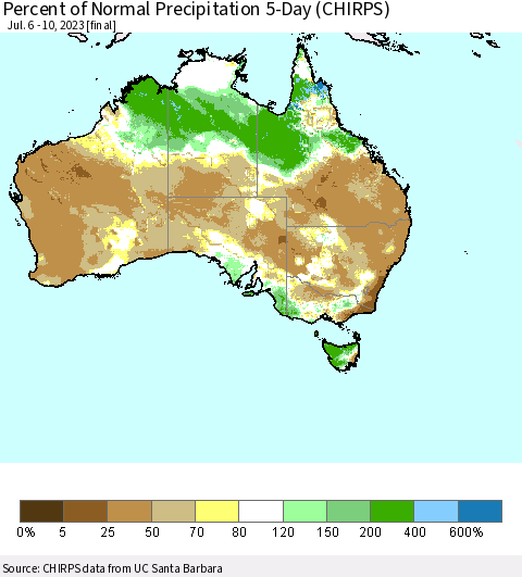 Australia Percent of Normal Precipitation 5-Day (CHIRPS) Thematic Map For 7/6/2023 - 7/10/2023