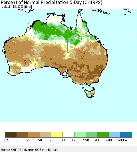 Australia Percent of Normal Precipitation 5-Day (CHIRPS) Thematic Map For 7/11/2023 - 7/15/2023