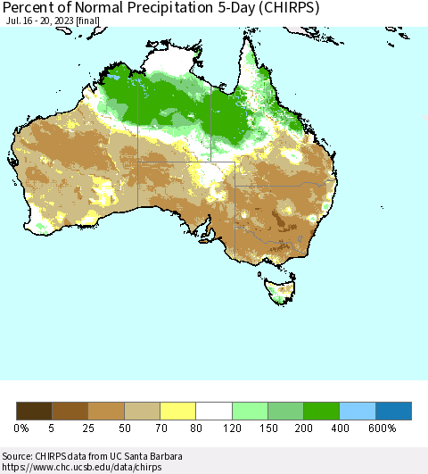 Australia Percent of Normal Precipitation 5-Day (CHIRPS) Thematic Map For 7/16/2023 - 7/20/2023