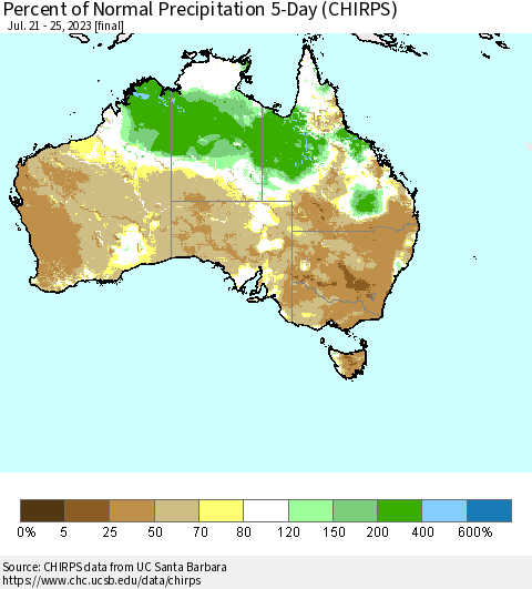 Australia Percent of Normal Precipitation 5-Day (CHIRPS) Thematic Map For 7/21/2023 - 7/25/2023