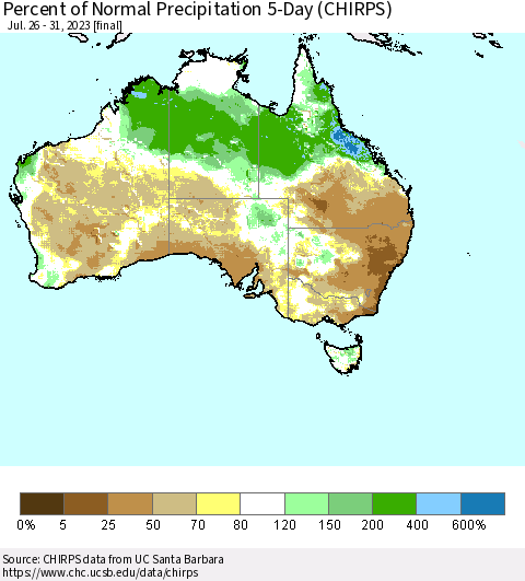 Australia Percent of Normal Precipitation 5-Day (CHIRPS) Thematic Map For 7/26/2023 - 7/31/2023