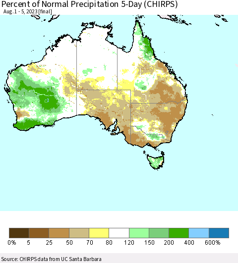 Australia Percent of Normal Precipitation 5-Day (CHIRPS) Thematic Map For 8/1/2023 - 8/5/2023