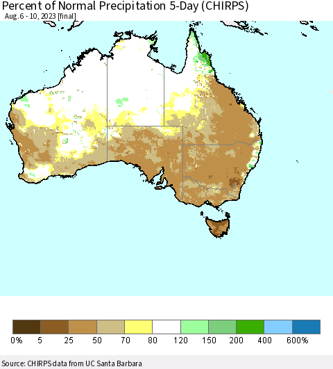 Australia Percent of Normal Precipitation 5-Day (CHIRPS) Thematic Map For 8/6/2023 - 8/10/2023