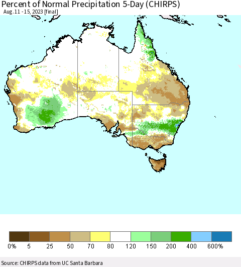 Australia Percent of Normal Precipitation 5-Day (CHIRPS) Thematic Map For 8/11/2023 - 8/15/2023
