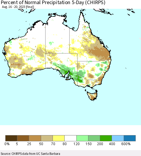 Australia Percent of Normal Precipitation 5-Day (CHIRPS) Thematic Map For 8/16/2023 - 8/20/2023