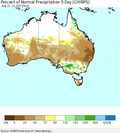 Australia Percent of Normal Precipitation 5-Day (CHIRPS) Thematic Map For 8/21/2023 - 8/25/2023
