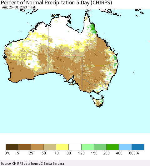 Australia Percent of Normal Precipitation 5-Day (CHIRPS) Thematic Map For 8/26/2023 - 8/31/2023