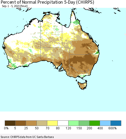 Australia Percent of Normal Precipitation 5-Day (CHIRPS) Thematic Map For 9/1/2023 - 9/5/2023