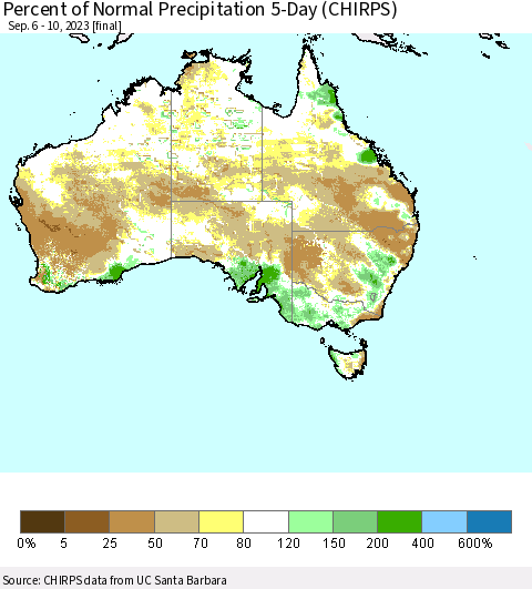 Australia Percent of Normal Precipitation 5-Day (CHIRPS) Thematic Map For 9/6/2023 - 9/10/2023