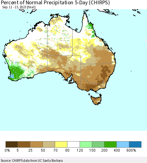 Australia Percent of Normal Precipitation 5-Day (CHIRPS) Thematic Map For 9/11/2023 - 9/15/2023