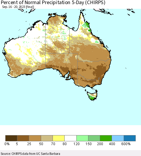 Australia Percent of Normal Precipitation 5-Day (CHIRPS) Thematic Map For 9/16/2023 - 9/20/2023