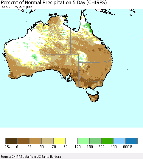 Australia Percent of Normal Precipitation 5-Day (CHIRPS) Thematic Map For 9/21/2023 - 9/25/2023