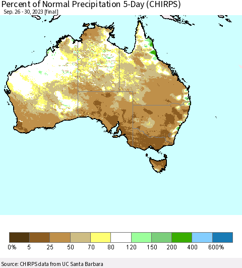 Australia Percent of Normal Precipitation 5-Day (CHIRPS) Thematic Map For 9/26/2023 - 9/30/2023