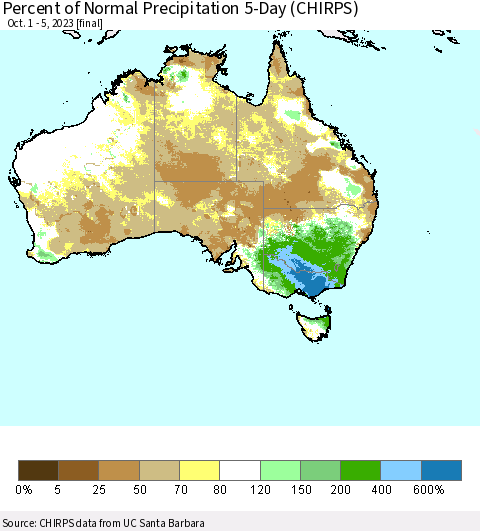 Australia Percent of Normal Precipitation 5-Day (CHIRPS) Thematic Map For 10/1/2023 - 10/5/2023