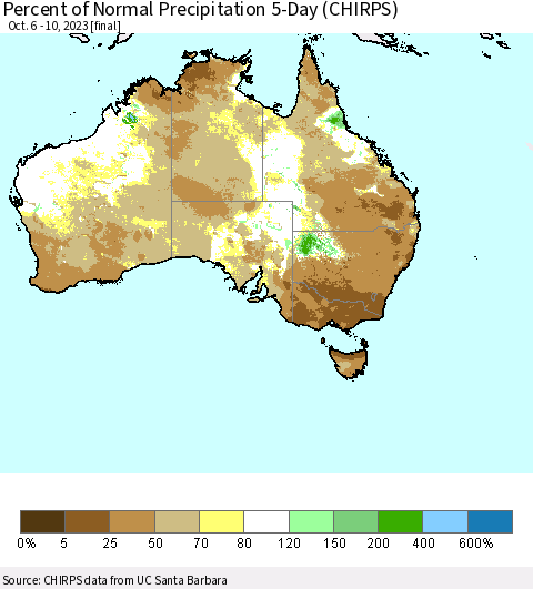 Australia Percent of Normal Precipitation 5-Day (CHIRPS) Thematic Map For 10/6/2023 - 10/10/2023