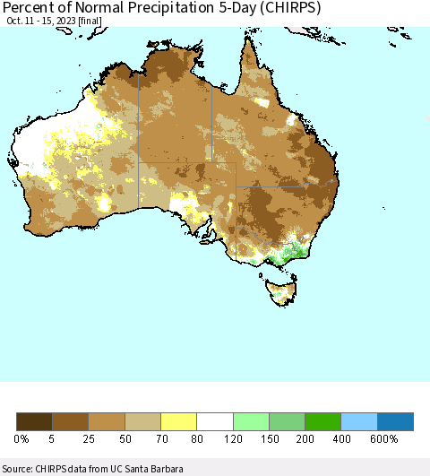 Australia Percent of Normal Precipitation 5-Day (CHIRPS) Thematic Map For 10/11/2023 - 10/15/2023
