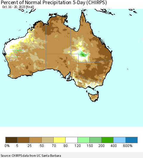 Australia Percent of Normal Precipitation 5-Day (CHIRPS) Thematic Map For 10/16/2023 - 10/20/2023