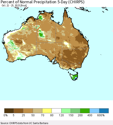 Australia Percent of Normal Precipitation 5-Day (CHIRPS) Thematic Map For 10/21/2023 - 10/25/2023