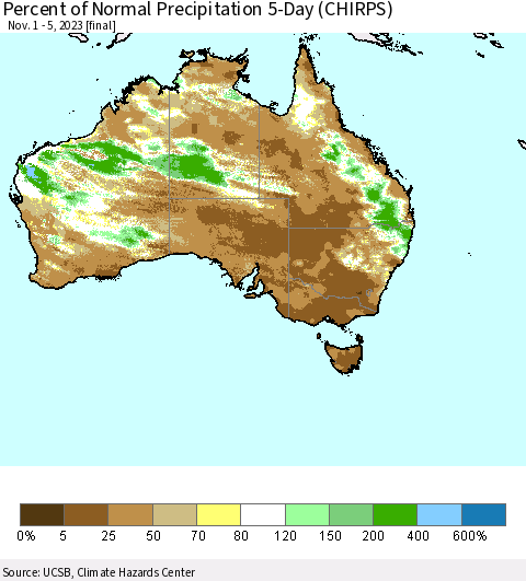 Australia Percent of Normal Precipitation 5-Day (CHIRPS) Thematic Map For 11/1/2023 - 11/5/2023