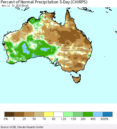 Australia Percent of Normal Precipitation 5-Day (CHIRPS) Thematic Map For 11/11/2023 - 11/15/2023