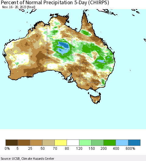 Australia Percent of Normal Precipitation 5-Day (CHIRPS) Thematic Map For 11/16/2023 - 11/20/2023