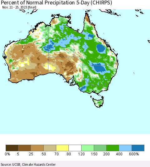 Australia Percent of Normal Precipitation 5-Day (CHIRPS) Thematic Map For 11/21/2023 - 11/25/2023