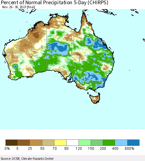 Australia Percent of Normal Precipitation 5-Day (CHIRPS) Thematic Map For 11/26/2023 - 11/30/2023