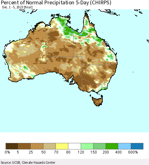 Australia Percent of Normal Precipitation 5-Day (CHIRPS) Thematic Map For 12/1/2023 - 12/5/2023