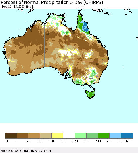 Australia Percent of Normal Precipitation 5-Day (CHIRPS) Thematic Map For 12/11/2023 - 12/15/2023