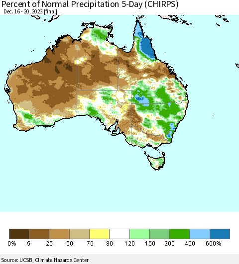 Australia Percent of Normal Precipitation 5-Day (CHIRPS) Thematic Map For 12/16/2023 - 12/20/2023