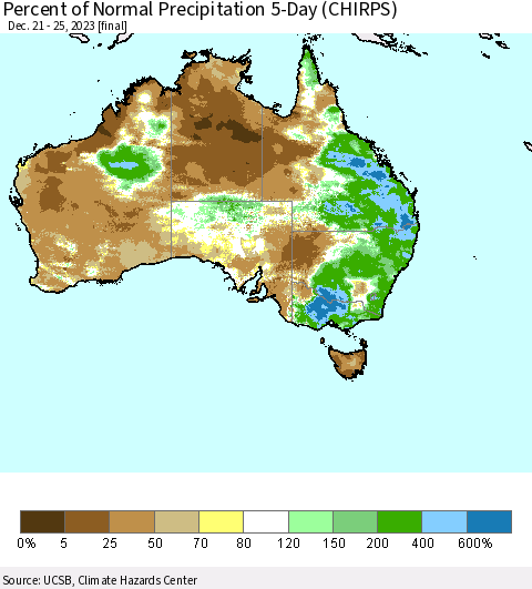 Australia Percent of Normal Precipitation 5-Day (CHIRPS) Thematic Map For 12/21/2023 - 12/25/2023