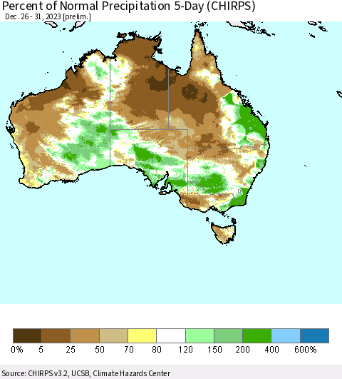 Australia Percent of Normal Precipitation 5-Day (CHIRPS) Thematic Map For 12/26/2023 - 12/31/2023