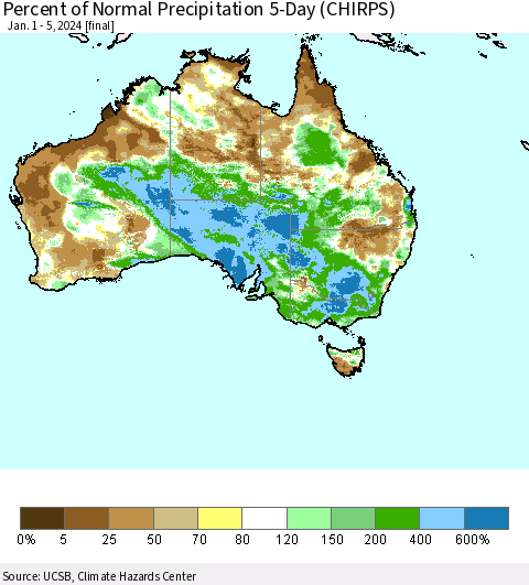 Australia Percent of Normal Precipitation 5-Day (CHIRPS) Thematic Map For 1/1/2024 - 1/5/2024