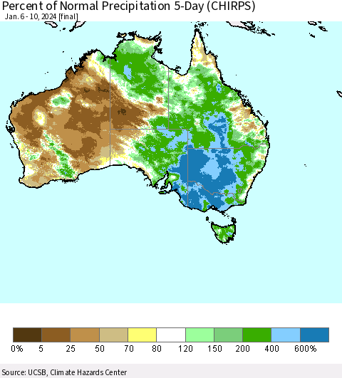 Australia Percent of Normal Precipitation 5-Day (CHIRPS) Thematic Map For 1/6/2024 - 1/10/2024