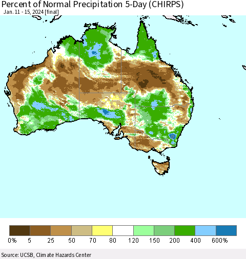 Australia Percent of Normal Precipitation 5-Day (CHIRPS) Thematic Map For 1/11/2024 - 1/15/2024