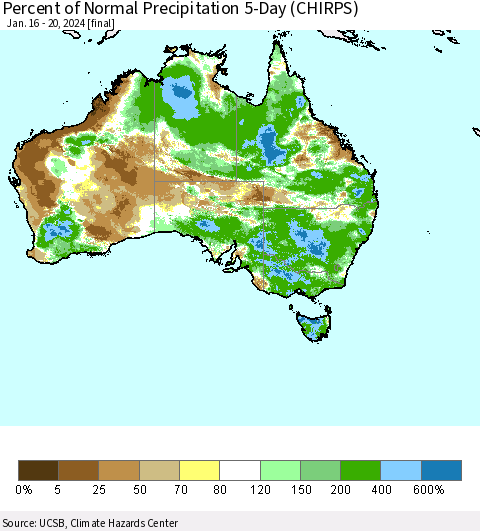 Australia Percent of Normal Precipitation 5-Day (CHIRPS) Thematic Map For 1/16/2024 - 1/20/2024