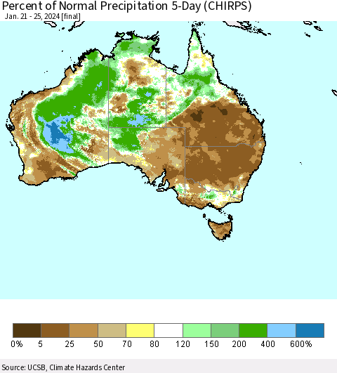 Australia Percent of Normal Precipitation 5-Day (CHIRPS) Thematic Map For 1/21/2024 - 1/25/2024