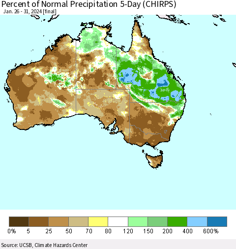 Australia Percent of Normal Precipitation 5-Day (CHIRPS) Thematic Map For 1/26/2024 - 1/31/2024