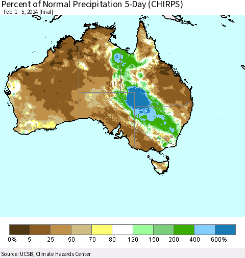 Australia Percent of Normal Precipitation 5-Day (CHIRPS) Thematic Map For 2/1/2024 - 2/5/2024