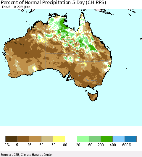 Australia Percent of Normal Precipitation 5-Day (CHIRPS) Thematic Map For 2/6/2024 - 2/10/2024