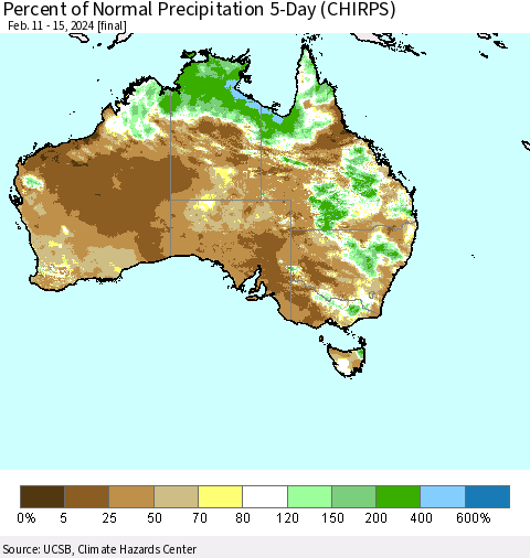 Australia Percent of Normal Precipitation 5-Day (CHIRPS) Thematic Map For 2/11/2024 - 2/15/2024