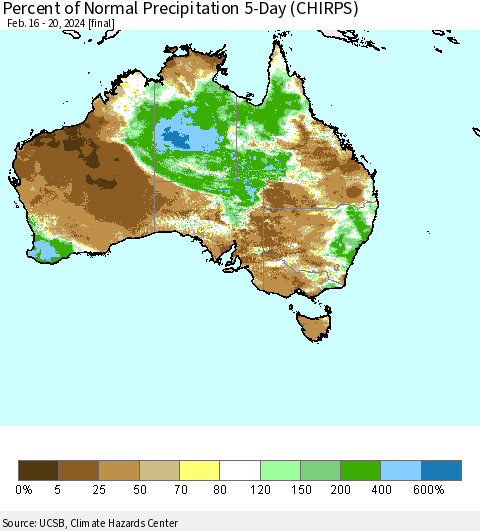 Australia Percent of Normal Precipitation 5-Day (CHIRPS) Thematic Map For 2/16/2024 - 2/20/2024
