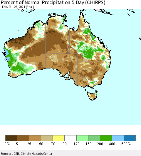 Australia Percent of Normal Precipitation 5-Day (CHIRPS) Thematic Map For 2/21/2024 - 2/25/2024